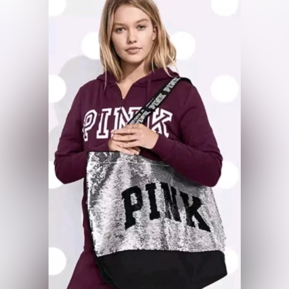 New Pink By Victoria's Secret Silver Gold Sequin Double Handle Zippered Tote Bag